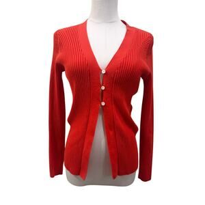 Talbots Ribbed V Neck Button Cardigan Blood Orange Medium Resort Vacation Chic